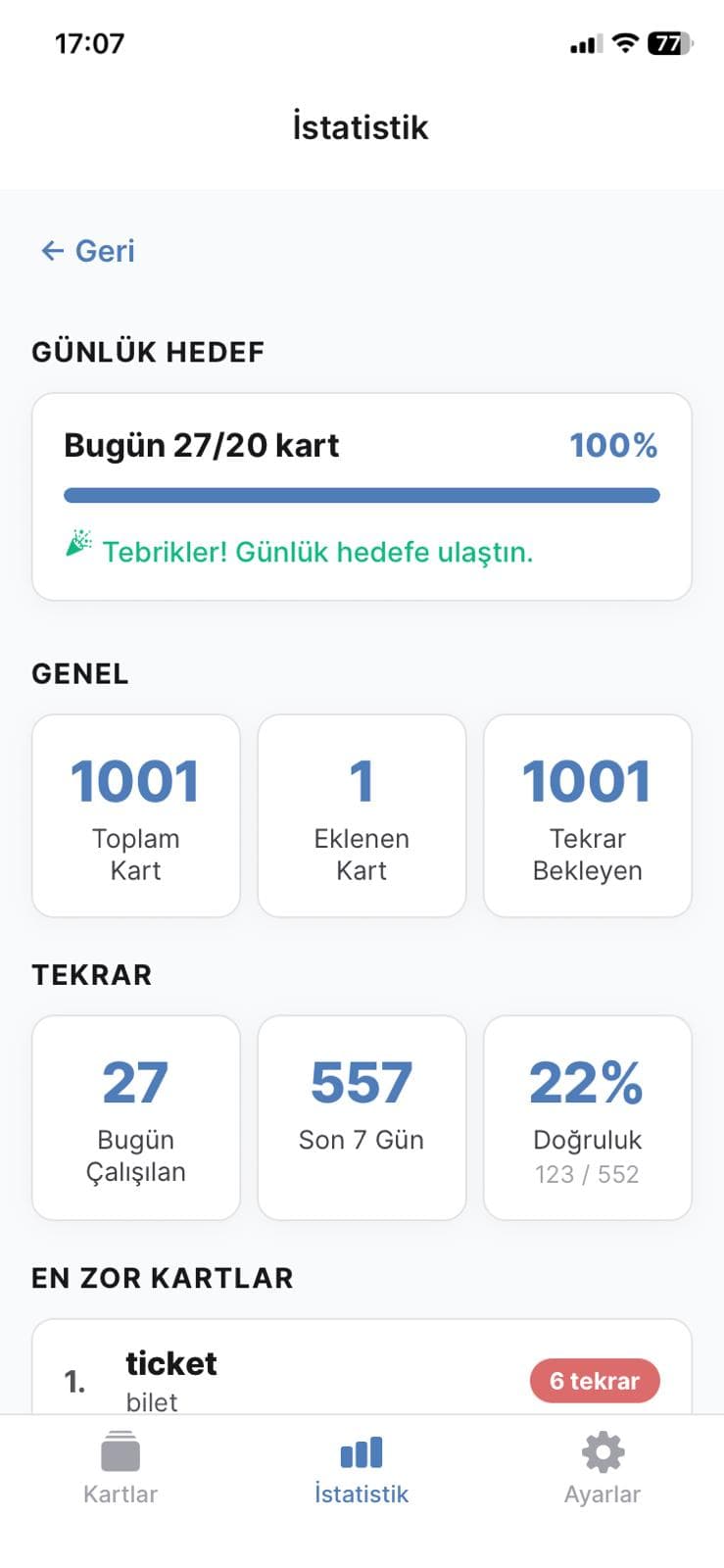 Kartez Normal Kelime Çalışma Ekranı