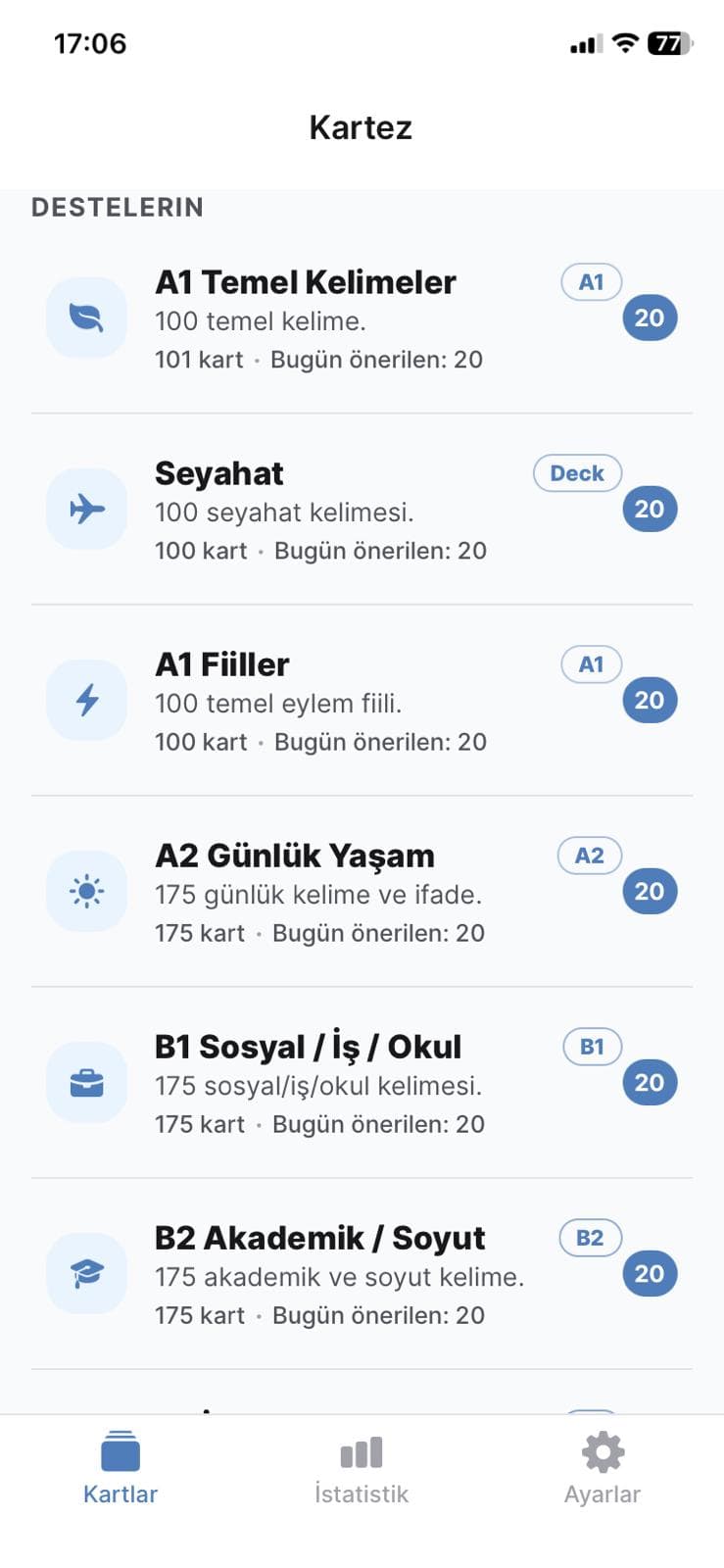 Kartez Zor Kelimeler Tekrar Ekranı