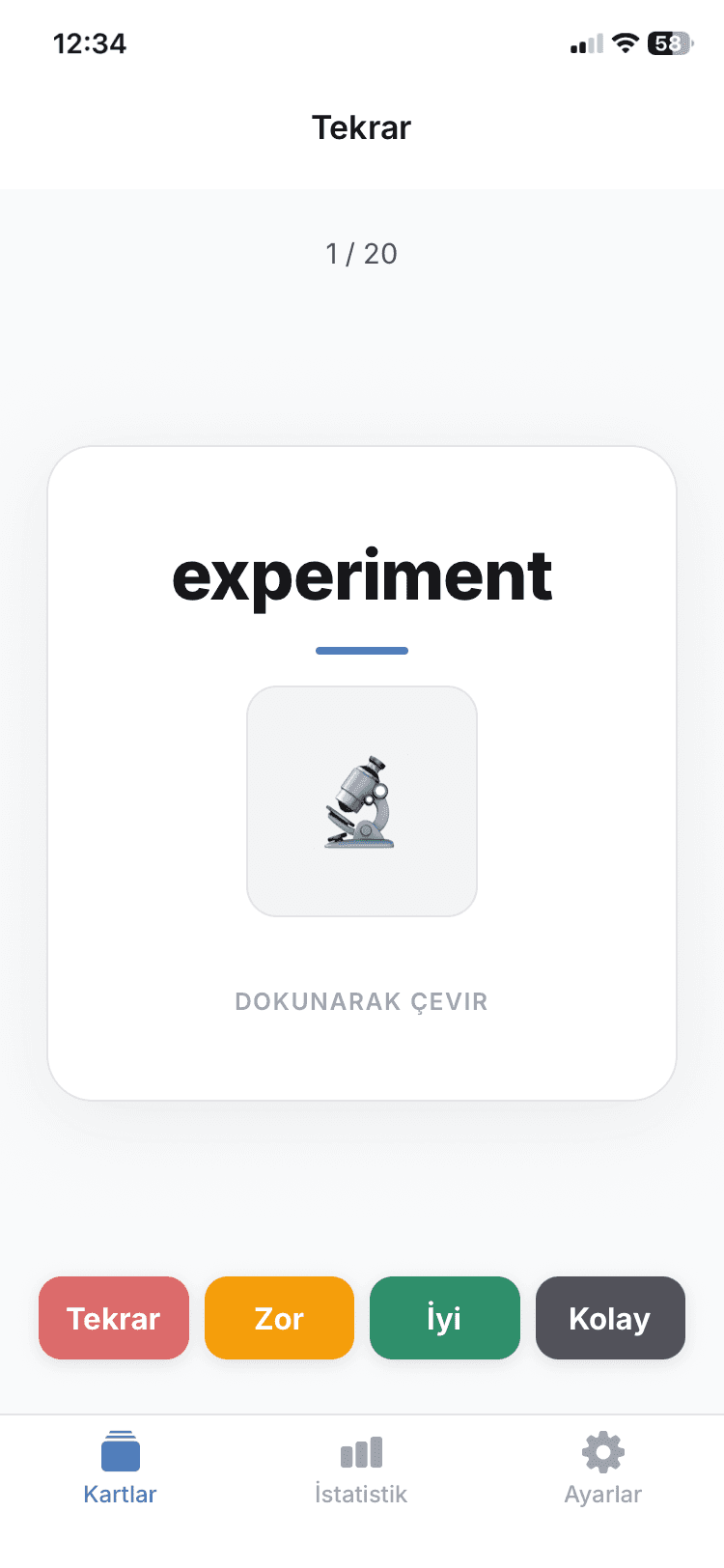 Kartez Kelime Çalışma Ekranı